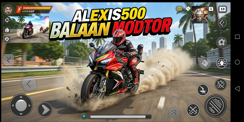 Screen utama ALEXIS500 menampilkan balapan motor yang mendebarkan.
