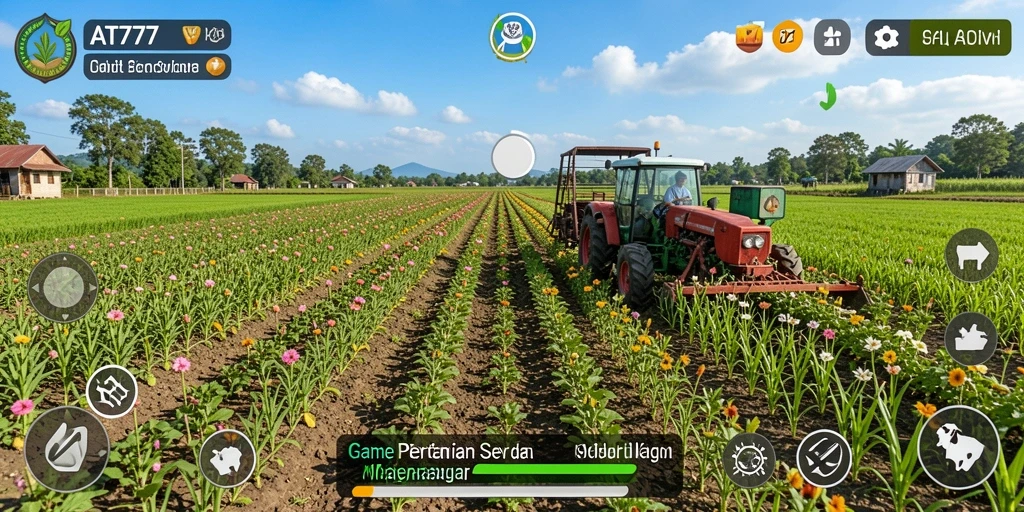 Screenshot utama AT777 menampilkan gameplay seru di lahan pertanian.