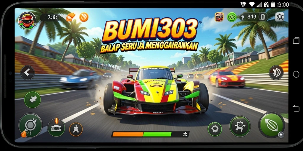 Screenshot gameplay BUMI303 dengan mobil balap di lintasan.