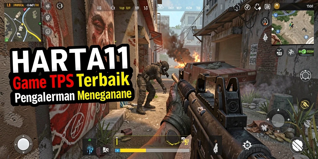 Screenshot HARTA11 menampilkan aksi pertempuran intens dalam gameplay TPS.
