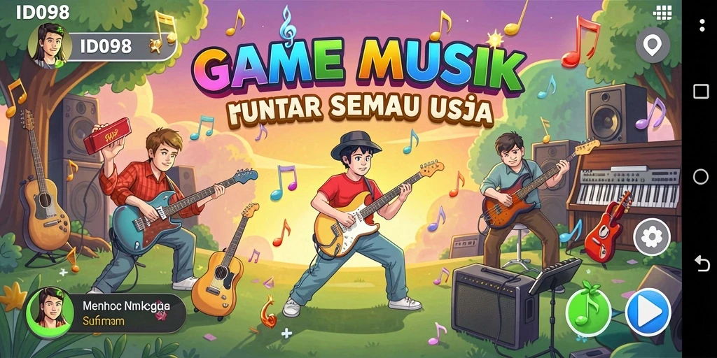 Tampilan gameplay ID098 dengan berbagai tantangan musik yang seru.