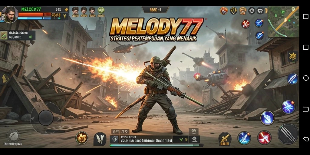 Screenshot utama MELODY77 menampilkan aksi pertempuran strategi yang menegangkan.