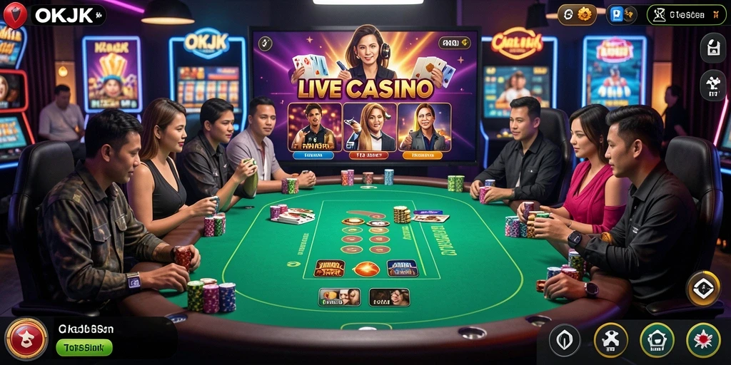 Screenshot gameplay OKJK menampilkan dealer profesional dan suasana kasino yang nyata.