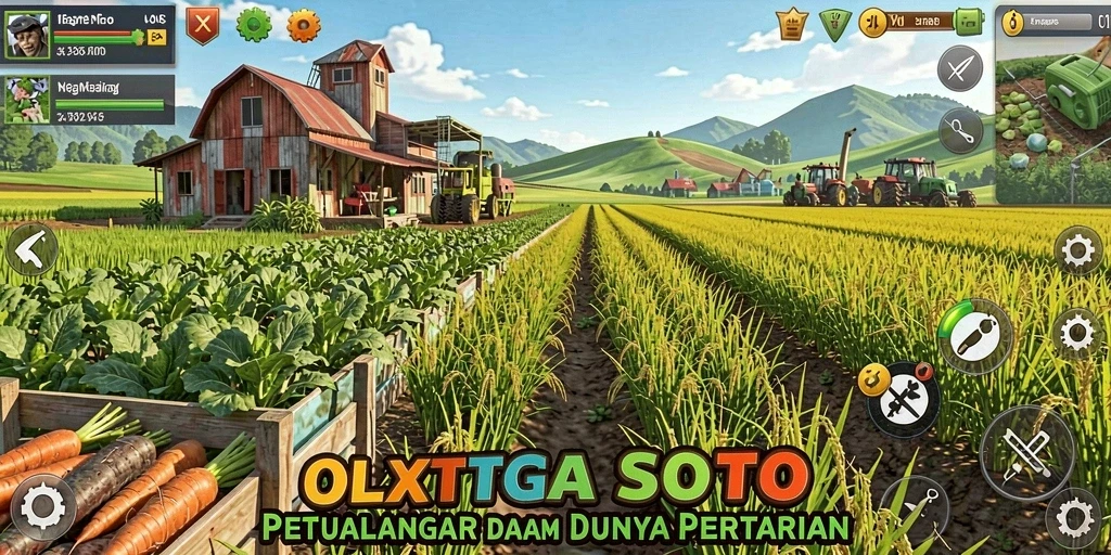 Tampilan gameplay menakjubkan dari OLXTOTO menunjukkan lahan pertanian yang subur.