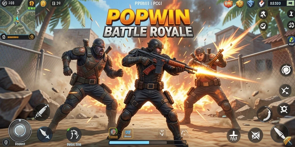 Screenshot dari gameplay seru POPWIN yang menunjukkan pertarungan Battle Royale.