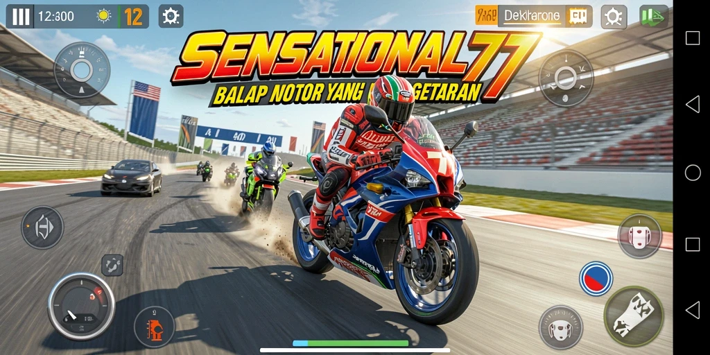 Screenshot gameplay SENSATIONAL77 menampilkan aksi balap motor yang mendebarkan.