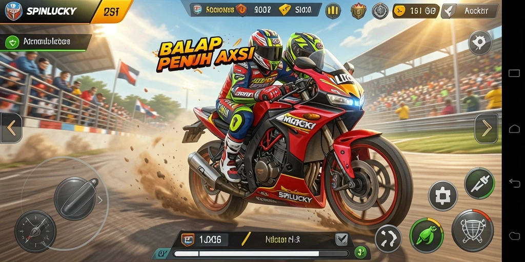 Screenshot gameplay SPINLUCKY yang menunjukkan balapan motor yang mendebarkan.
