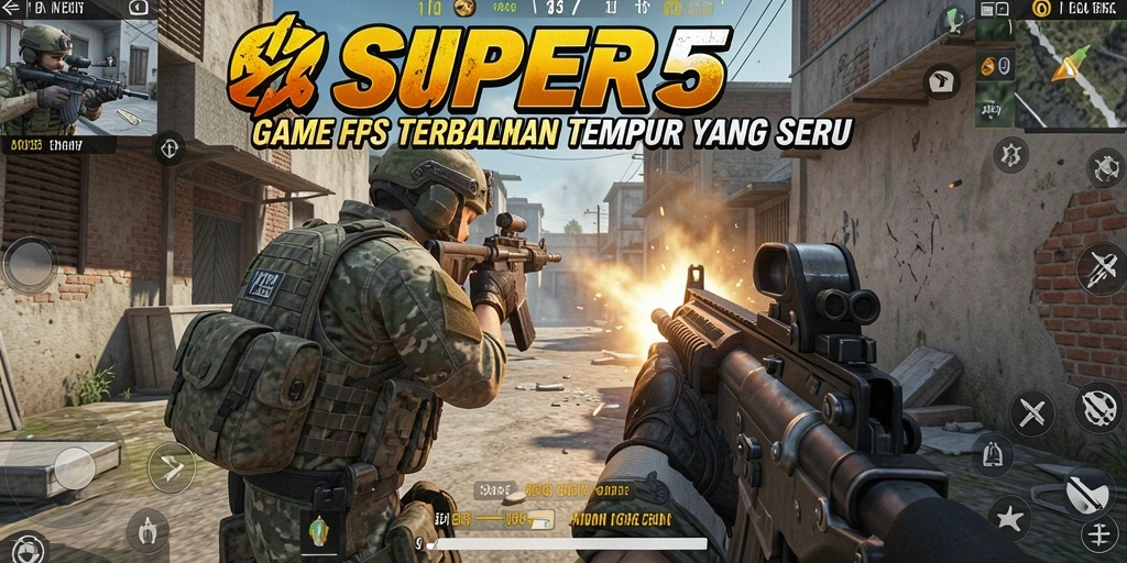 Tampilan gameplay SUPER5 yang mendebarkan dalam mode FPS.